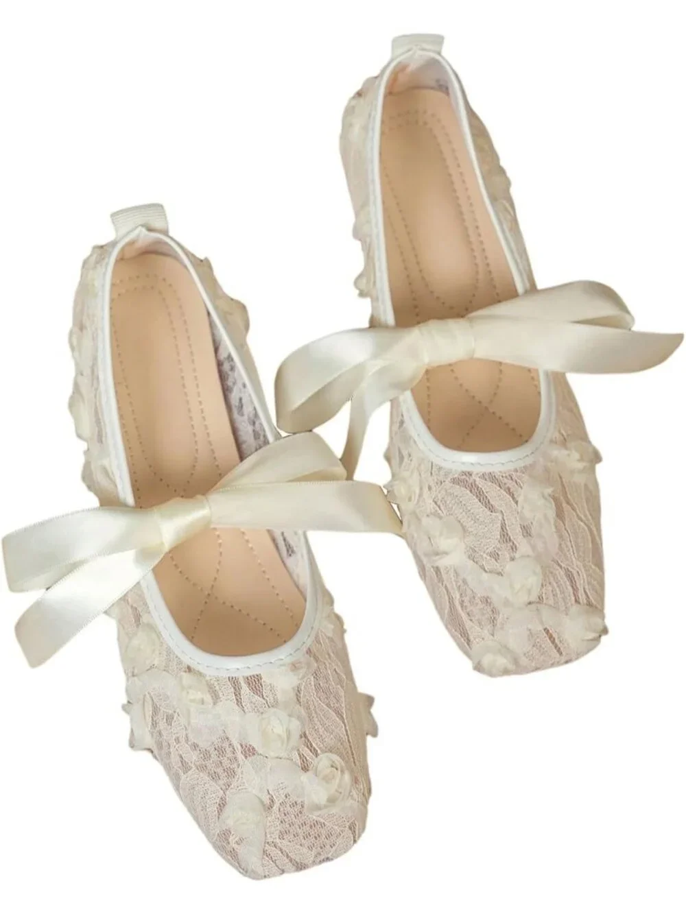 Women's Beige Floral Lace Mesh Ballet Flats Square Toe Bow Dress Shoes